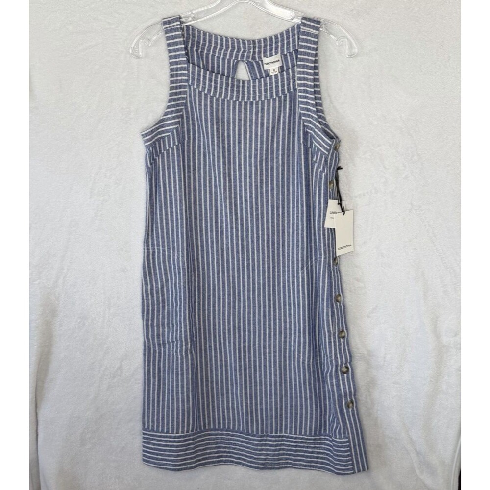 NWT For Cynthia Women's Size S LINEN Blend Blue Striped Shift Dress Nautical